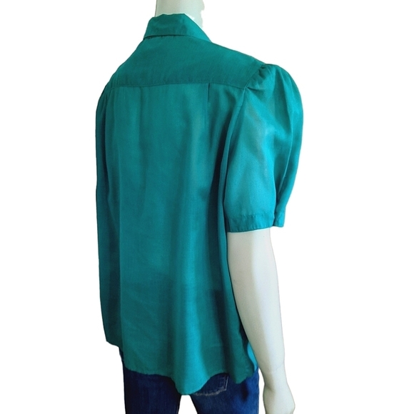 VINTAGE 80s Top Size Medium Semi Sheer Cotton Kelly Green Short Poof Sleeves - Picture 7 of 11